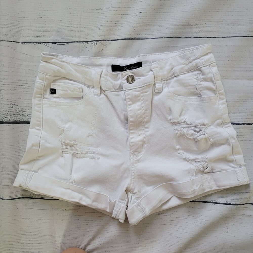 Kancan Size 5/26 High Rise Distressed Denim Shorts BKE Buckle Cuffed White